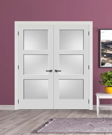 Frosted Glass 3 Panel french Door Black Hinges With Handle