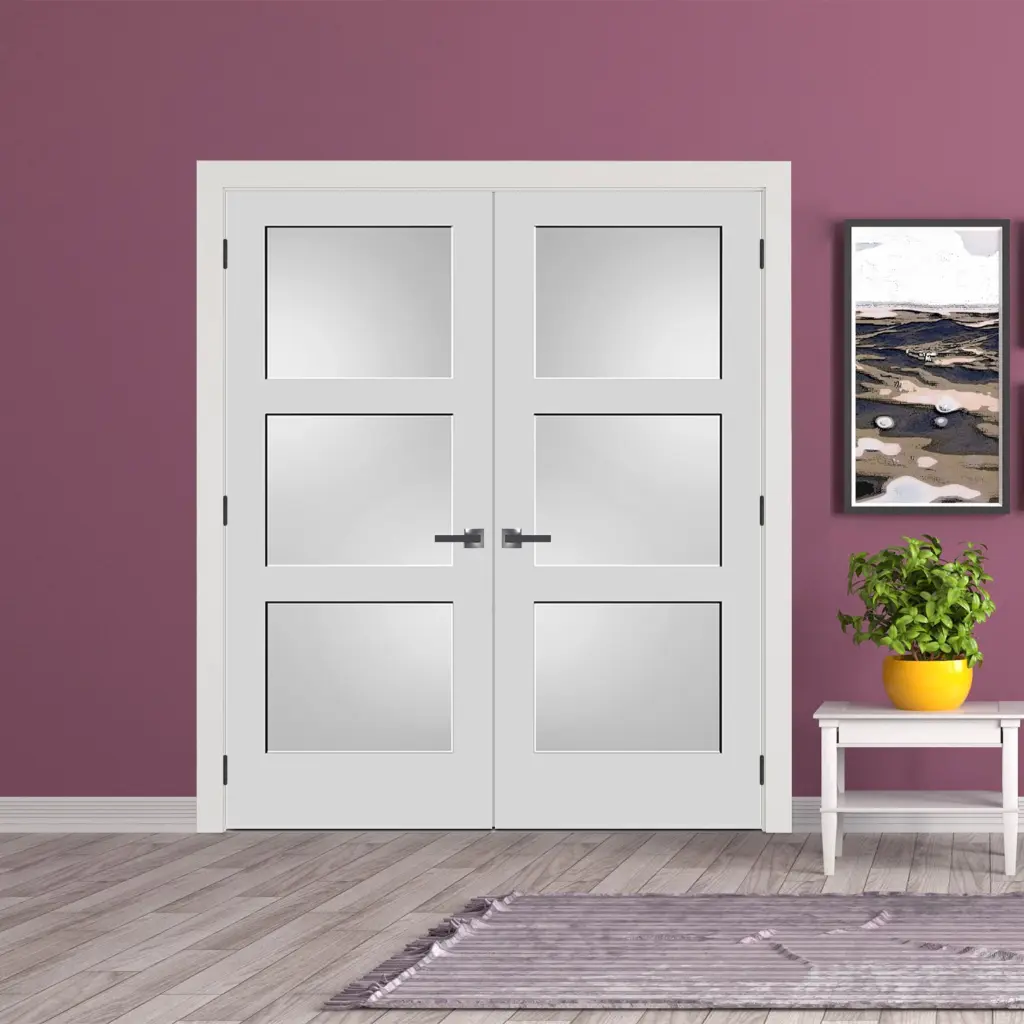 Frosted Glass 3 Panel french Door Black Hinges With Handle